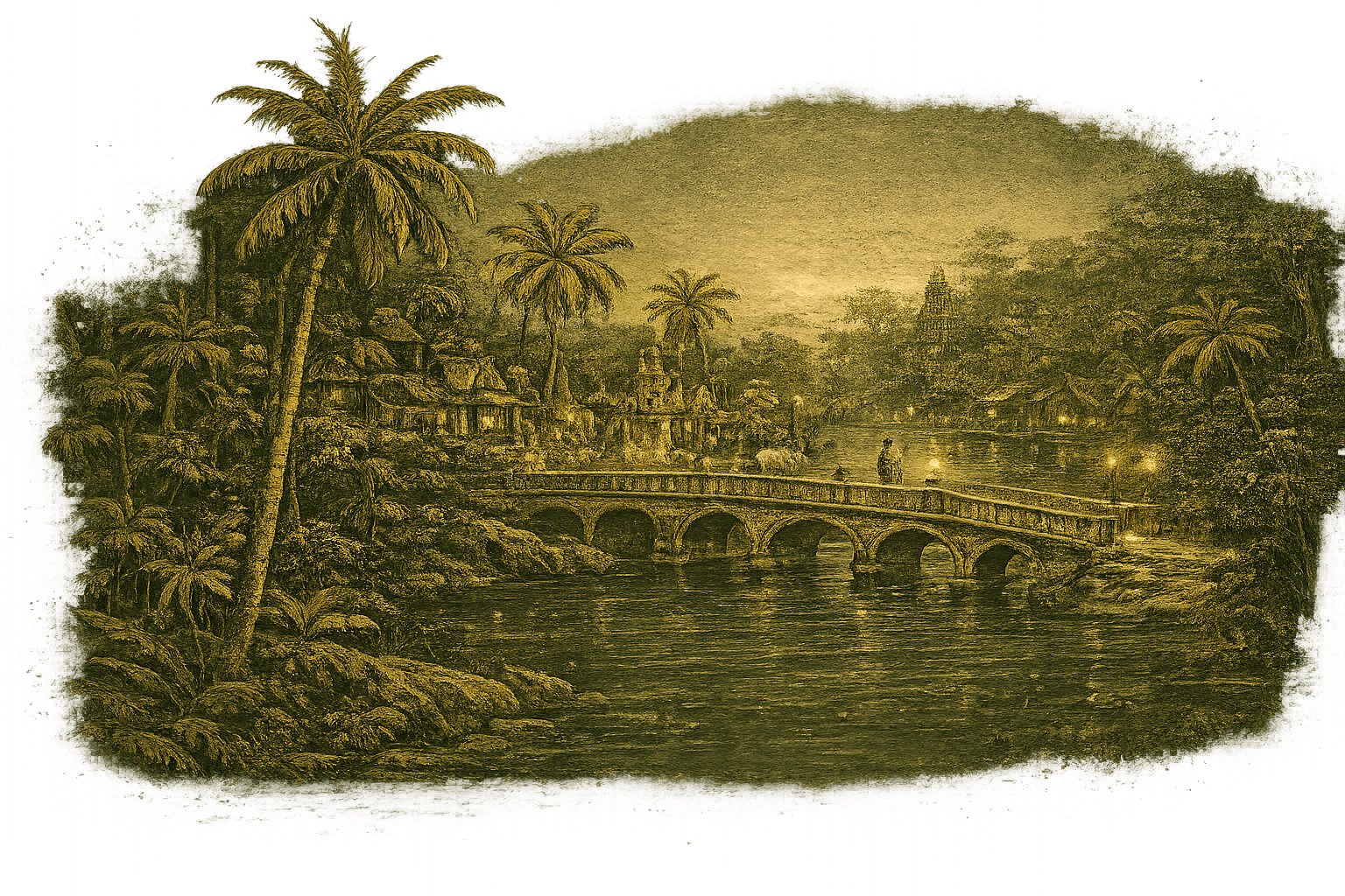 Engraving of the Godavari town at dusk with a stone bridge over the river