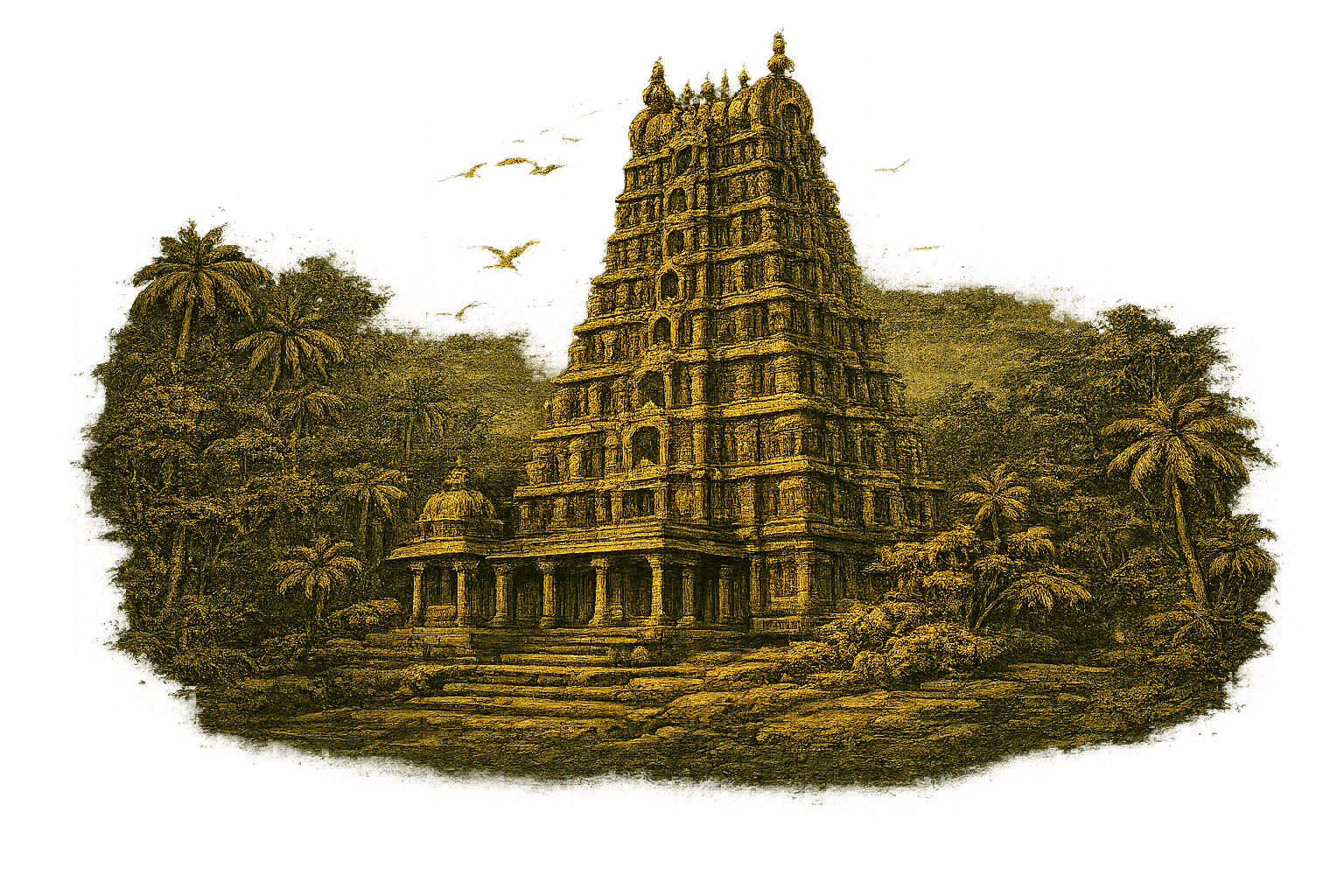 Engraving of a South Indian gopuram temple framed by palms